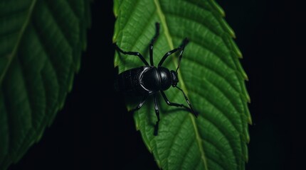 Fototapeta premium Black Blister Beetle Resting on a Vibrant Green Leaf with Dark Background