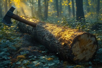 Axe Embedded in Fallen Tree Log in Dense Forest