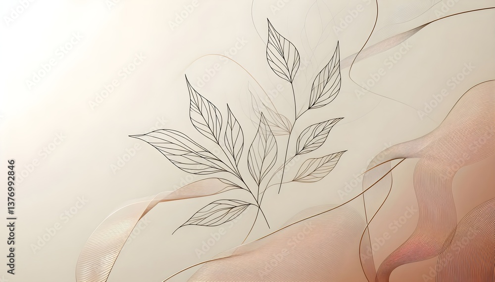 Poster abstract minimalist nature background featuring delicate leaf line art over a soft neutral gradient,