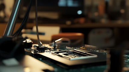 Close-up shot of a circuit board with intricate electronic components and wires in a tech workspace setting