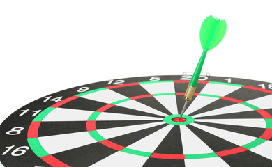 Dart board with green arrow on white background
