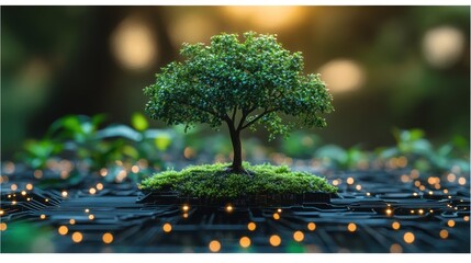Green tree with moss growing on circuit board, symbol of technology evolution