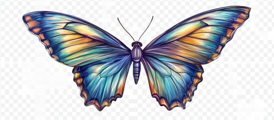 Stylized butterfly artwork with vibrant blue and orange wing details