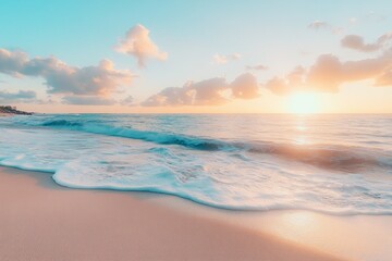 Tranquil Tropical Beach at Sunset with Soft Pastel Sky and Calm Waves
