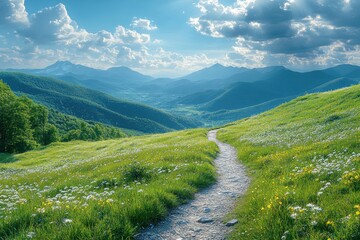 Mountain Valley Pathway Surrounded by Lush Green Hills and Fluffy Clouds