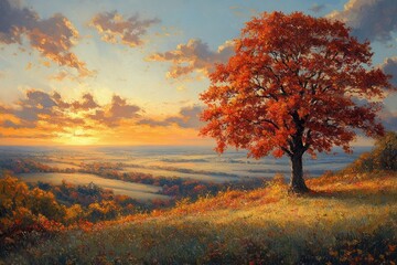 Fototapeta premium Autumn Landscape with Vibrant Tree and Rolling Valley