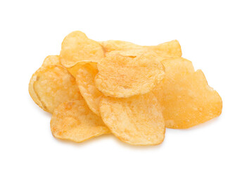 Pile of tasty potato chips isolated on white