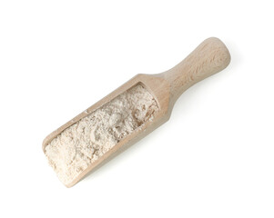 Scoop with brown rice flour isolated on white, top view
