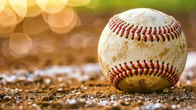 Close up of worn baseball on dirt field, showcasing its texture and stitching, surrounded by soft bokeh, evoking nostalgia and passion for outdoor sport game.