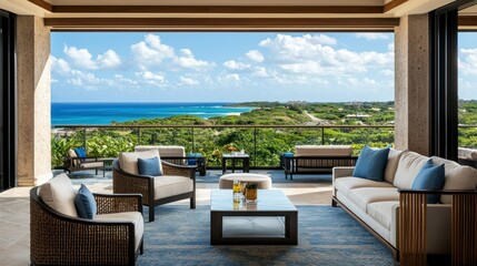 Fototapeta premium Luxurious outdoor patio overlooking ocean view