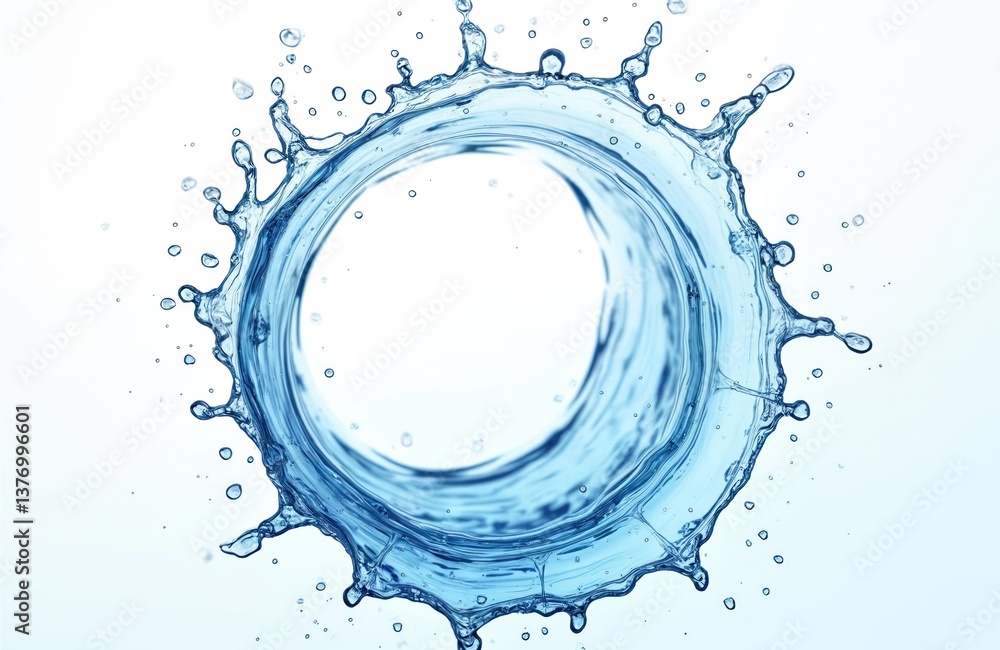 Poster dynamic 3d render of clear water splash. transparent blue water droplets around shape isolated on wh