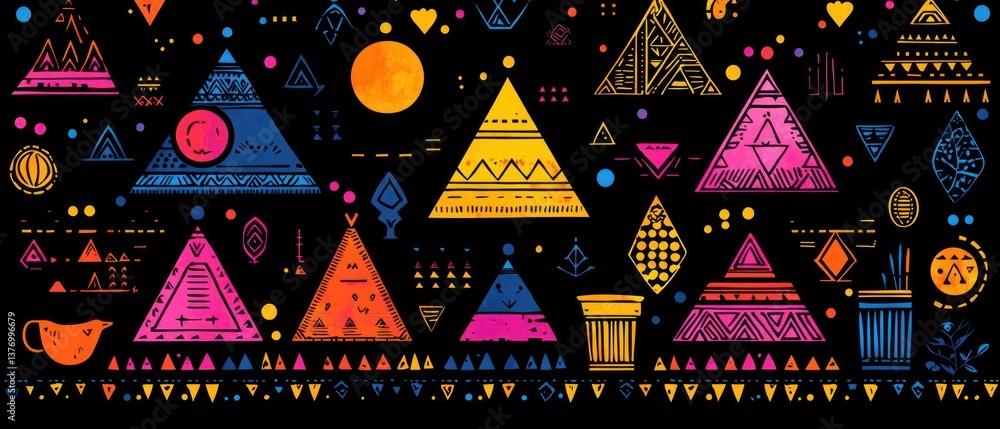 Poster vibrant geometric pattern featuring colorful triangular shapes, circles, and various abstract symbol