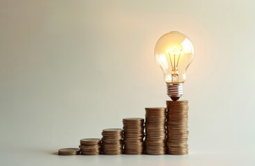 Glowing light bulb on top of stacked coins, rising electricity costs. Concept of energy crisis, finance, economy, rising prices, cost of living. Expense, inflation, money, investment. Saving. Home