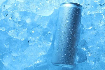 Refreshing drink in can on ice cubes, top view. Toned in blue