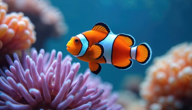 Vibrant clownfish swims around vibrant coral reef in clear blue ocean. Bright orange and white striped anemonefish in natural underwater environment. Marine life, sea ecosystem concept.