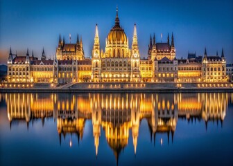 Fototapeta premium Majestic Hungarian Parliament Building Night Reflection, Symmetrical Architecture, Warm Tones
