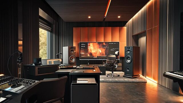 Modern music studio interior featuring high-end equipment and vibrant decor