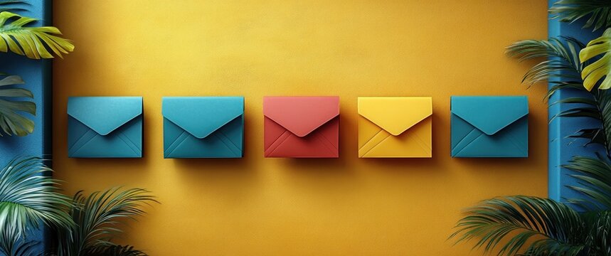 Colorful Envelopes on Bright Yellow Background with Copy Space for Business Communication