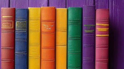Colorful Books on Purple Wooden Background