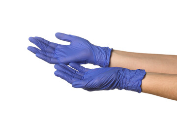Doctor in medical gloves on white background, closeup