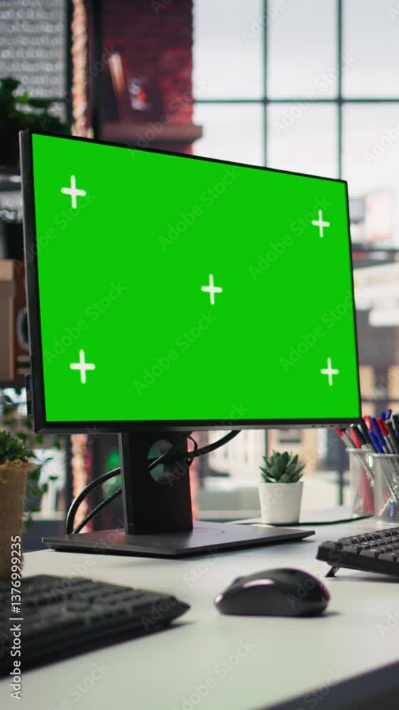 Poster vertical video green screen pc monitors in empty call center office where unsatisfied customers call
