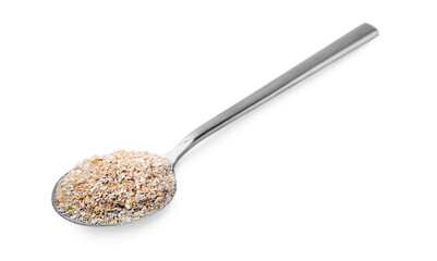 Superfood product. Oat powder in spoon isolated on white