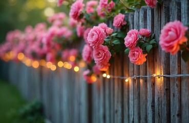 Wooden fence decorated with pink rose flowers, illuminated by soft lights. Garden scene, romantic vibe, celebration, wedding, love, holiday. Summer bloom, fresh floral arrangement for design.