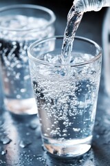 Water being poured into a glass, indoors, bubbles in the glass, with a neutral background