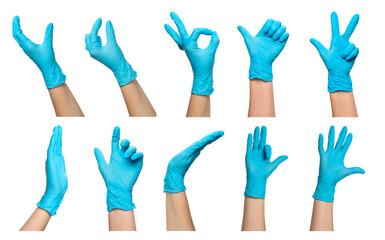 People wearing medical glove isolated on white, set