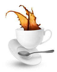 Aromatic tea, ceramic cup, saucer and spoon in air on white background