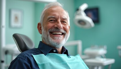 Smiling senior man during dental checkup. Happy elderly patient shows white teeth at adult dentistry. Healthy smile concept. Oral hygiene, teeth care, treatment in dental clinic.
