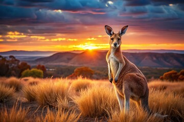 Majestic Red Kangaroo in Australian Outback Landscape at Sunset