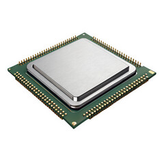 A close-up view of a modern microprocessor chip, showcasing its intricate design and metallic surface, representing advanced technology in computing.