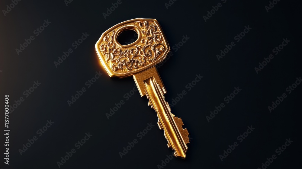 Poster an exquisite antique gold key displayed on a dark background with intricate patterns and textures re