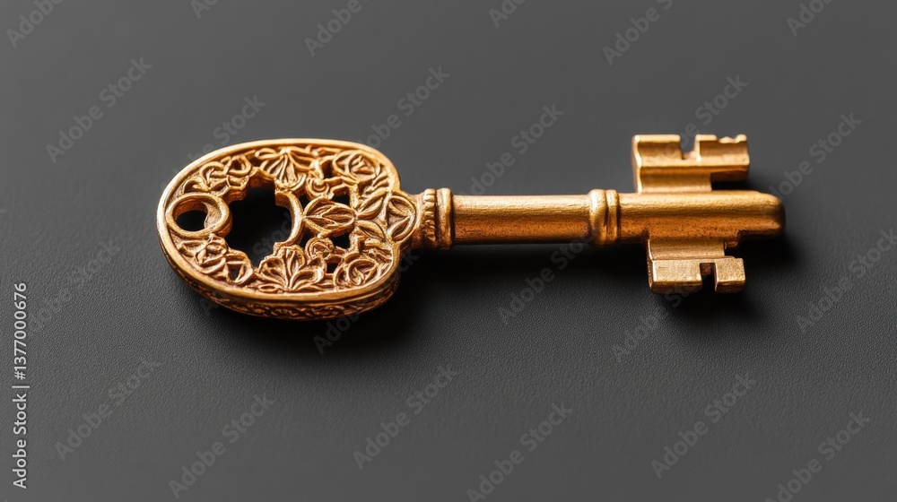 Poster close-up of a detailed, ornate golden skeleton key with intricate floral patterns resting on a dark 
