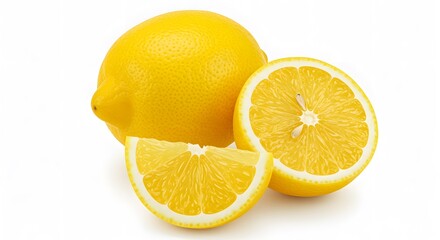 Bright yellow lemons, one whole, one halved, and one quartered, arranged on a white surface. Juicy and refreshing citrus fruit.