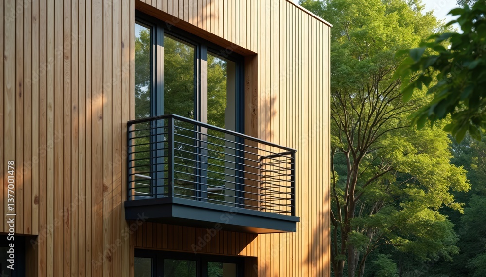 Poster Modern building wood siding. Architecture design with window, balcony and trees. Structure with contemporary exterior, natural lighting and environment. Sustainable construction concept.