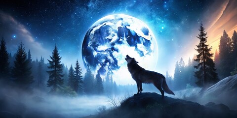 Majestic Wolf Double Exposure 4K Wallpaper: Mystical Forest & Lunar Night