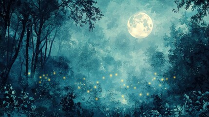 Mystical forest at night with fireflies, full moon.  Possible use fantasy, background, digital art