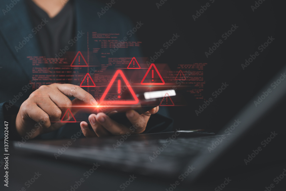 Aufkleber Man use smartphone and laptop with spam virus on warning caution for notification on internet security protect. Ransomware malware attack and data breach.