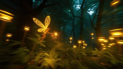 Fairy Flying in a Magical Forest with Glowing Lights and Sparkler