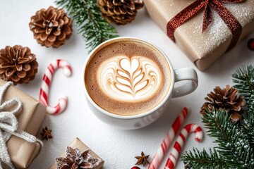 Cozy Christmas Flat Lay with Latte Art Coffee Gifts and Decorations