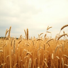 Fototapeta premium sun-kissed golden field of wheat, with delicate stalks gently swaying in the soft breeze, stretches as far as the eye can see, set against a vast, overcast sky with a subtle gradation of soft grays