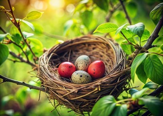 Fototapeta premium Miniature Cardinal Nest with Eggs - Tilt-Shift Photography