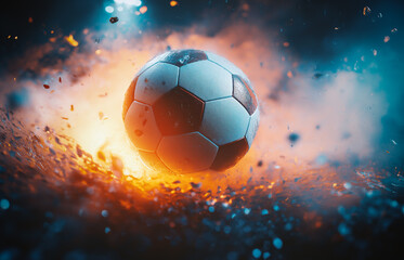 Fototapeta premium Football sport wallpaper background. Soccer ball close up. Spotlight cinematic scene for sports background.