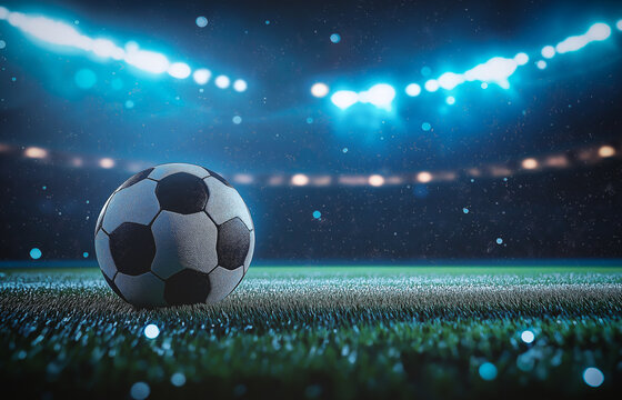 Football sport wallpaper background. Soccer ball close up. Spotlight cinematic scene for sports background.