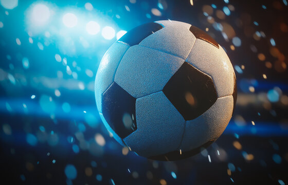 Football sport wallpaper background. Soccer ball close up. Spotlight cinematic scene for sports background.