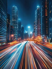 Fototapeta premium A vibrant night scene showcasing a bustling city skyline, illuminated skyscrapers, and dynamic light trails from moving vehicles on a busy road, creating an energetic urban atmosphere