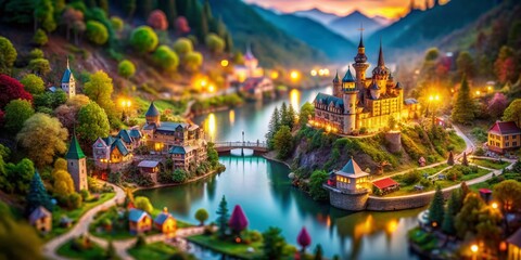 Fototapeta premium Miniature Fantasy Kingdom, Whimsical Town, Magical Landscape, Tilt-Shift Photography