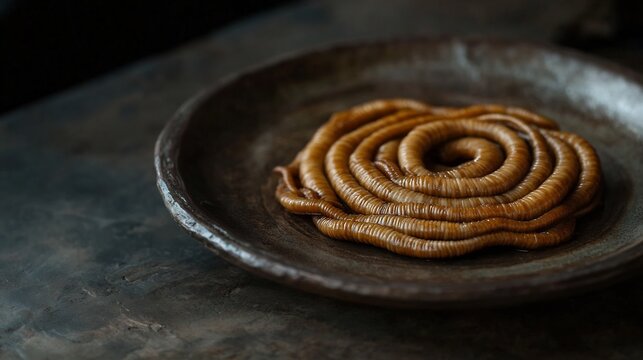 South African Mopani Worms arranged a rustic ceramic plate deep shadows enhancing texture and earthy tones tribal kitchen ambiance